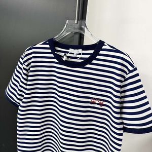 American Navy Stripe Loe Trendy Brand Hoge versie Luo Familie Borduurde ronde nek Korte mouw T -shirt Jimo Straight