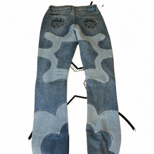 American New Fi High Street Patchwork Motif Jeans Brodés Hommes Y2K Punk Harajuku Jambe Droite Jeans Denim Flare Pantalon 95FZ #