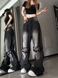 Américain Nouvelle Vieille Sangle Ing Trou Micro-la Baggy Jeans Femme Y2K Mode Haute Conception Décontracté Pantalon Droit À Jambes Larges