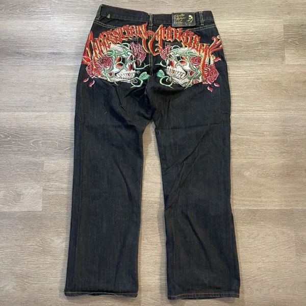 American Surdimension Skulls Roses brodées de tatouage noir brodés hommes et femmes y2k rock hip hop gothique haute taille jeans décontractée 240326