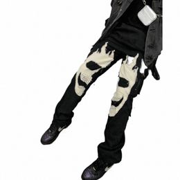 American Patchwork Skull Multi-poches Zipper Jeans Fi Hip Hop Street Pantalon à jambes larges Jeans noirs Pantalons de style Harajuku l9HU #