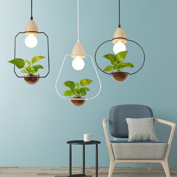 Américain Plant Pot Pendentif Lampe Restaurant Salle À Manger Pendentif Lumière Noir Blanc Couleur Bois Pendentif Éclairage avec verre