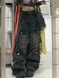 Jean d'outillage américain grande taille pour femme, pantalon Long à jambes larges et multi-poches, tridimensionnel, droit, ample, Y2K, National, 240201
