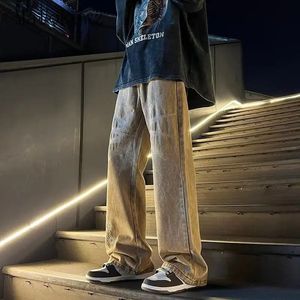 American rétro Brown Broidered Gradient Jeans Mens Street Hip-Hop Straight Loose Casual Pantal