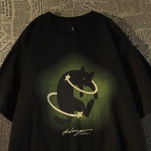 T-shirts à manches courtes en coton chat rétro américain pour hommes et femmes surdimensionnés été lâche costume de couple décontracté Y2k vêtements haut 240313