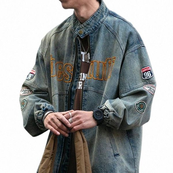 American Retro Denim Veste Patch Broderie Moto Distred Jeans Manteau Hommes High Street Workwear Zipper Stand Collier Top A2Wo #
