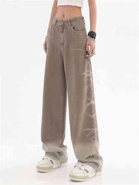 American Retro Design Sense Kaki Color Gradient Jeans Summer High Street Straight Tube Wide Leg Pants Fashion Ins T220728