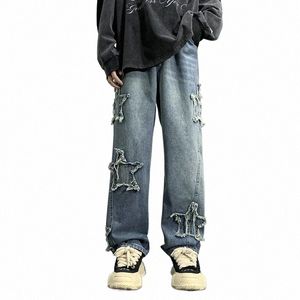 American rétro à cinq points étoiles brodées Baggy Men Jeans Pantalon Patch lâche Pantalon de jambe décontractée lâche Straitement Y2K pantalon B4VE #