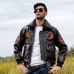 Chaqueta de cuero con cuello de piel retro americano para hombre, capa superior de piel de vaca bordada, traje de piloto air force g1, chaqueta de cuero de gran tamaño