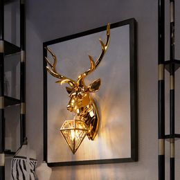 American Retro Gold Deer Wall Lamps Antlers Light Fixtures Living Room Dormitorio Lámpara de noche Led Sconce Home Decor Luminaire246n