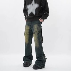 Américain Rétro Hip-hop Plissé Streamer Jeans Tendance De La Rue Pour Hommes Tie-dye Pantalon Droit Ample Taille Mi-taille Lavé Pantalon En Détresse 240122