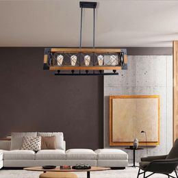 Lustre en bois pour loft industriel rétro américain, pendentif rectangulaire en bois et métal, lampe créative en bois pour restaurant, salon