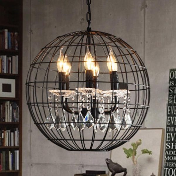 Américain rétro fer Cage suspendu chaîne boule pendentif lampe nostalgique Restaurant cristal décoratif LED luminaire lampes