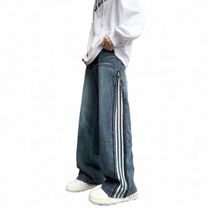 American Retro Jeans rayé côté Zipper Decorati lâche pantalon large jambe droite jambe pantalon denim décontracté printemps automne K1Nt #