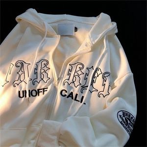 Sweat-shirt à capuche avec lettres brodées et fermeture éclair pour femmes, style rétro américain, Y2K, Street Hip Hop, ample, pour Couple, manteaux sauvages décontractés, 220801