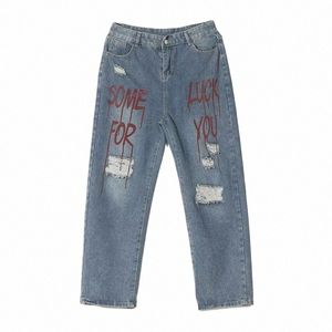 Américain Rétro Lettre Impression Designer Ripped Jeans Hommes Hip-hop Moto Trou jeans High Street Lâche Casual Denim Pantalons Hommes 90WP #