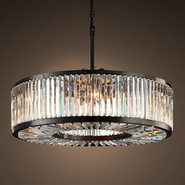 Amerikaanse Retro Lustre K9 Crystal E14 Hanglamp Ronde Matzwarte Ronde Hanglamp voor Eettafel Vintage Suspend Lamp LLFA238Z