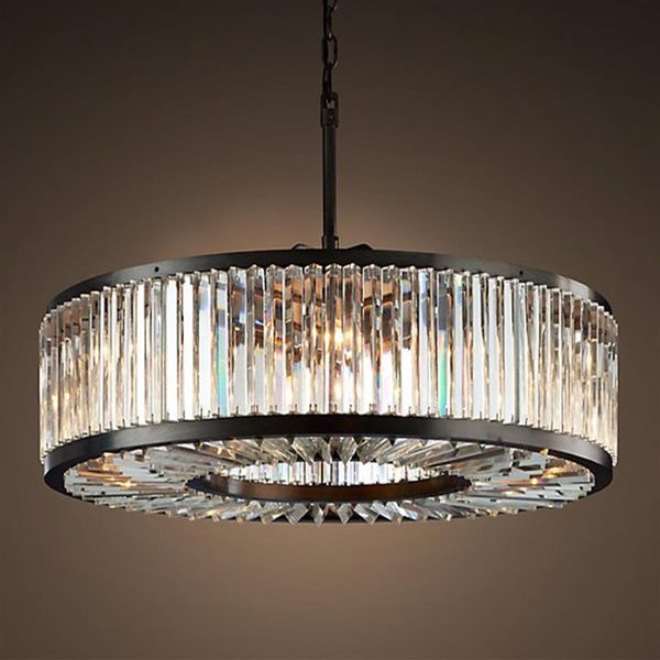 Américain Rétro Lustre K9 Cristal E14 Pendentif Lumière Ronde Noir Mat Lampe Suspendue Ronde pour Table De Dîner Vintage Suspension Lampe LLFA238Z