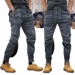 Pantalon de travail américain rétro extérieur hip-hop, fermeture éclair à taille élastique pour hommes, simple grande poche à lacets pantalons décontractés U9rX #