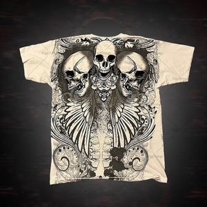 American Retro Oversized T -shirt Dark Skull High Street Short Sleeved Gothic Punk Vintage Clothing Men Casual Loose Tops 240402