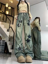Amerikaanse retro jeans met sterrenprint en riemontwerp voor dames herfst en winter trendy losse afslankende rechte broek met hoge taille 240102
