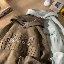Amerikaanse retro suède hoodie heren driedimensionale decoratieve print hoogwaardige losse gewatteerde trui trendy straat Y2K jas 240131