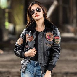 Chaqueta de cuero de piloto g1 con bordado de piel de vaca de capa superior retro americana, chaqueta de cuero de la fuerza aérea, motocicleta delgada para mujer, cuello de piel de otoño e invierno