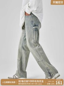 Jeans pour hommes Américain rétro lavé vieux jeans hommes décontracté tendance pantalon droit à glissière noir gris foncé bleu ciel clair vêtements pour hommes