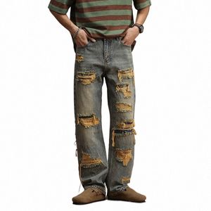 American Ripped Jeans Hommes Hip Hop Baggy Pantalon droit Fi Y2k Vintage Distred Hole Pantalon bleu Streetwear t1IT #