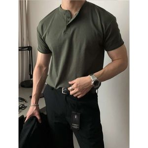 T-shirt à manches courtes américaines Polo pour hommes mûr, manchette stable, serrée, fitness et sports Henley Shirt Henley