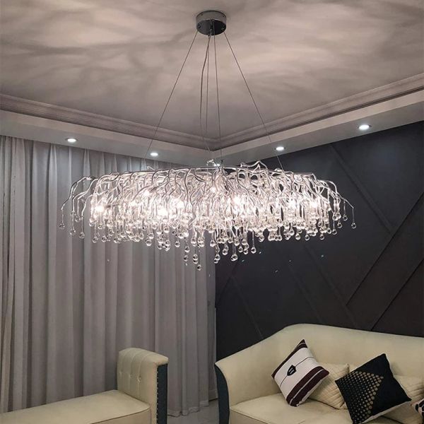 Lámpara de araña rectangular de plata americana para sala de estar, restaurante, lámpara de techo colgante de cristal, accesorio de iluminación colgante en forma de gota de lluvia