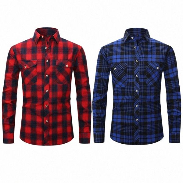 Tamaño americano franela otoño / invierno camisa de manga larga para hombres busin casual n-iring cuadros rojos más tamaño ropa social J96y #