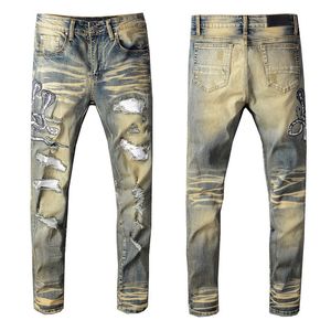Amerikaanse Lente Vintage Hip Hop Mannen Gat Patch Denim Amiryes Designer Stretch Slanke Jeans Man Blauw Plus Size