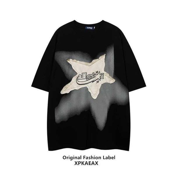 American Star Patch Camiseta Manga Curta Masculina Verão Vintage Pequeno Design Solto Camiseta Gola Redonda