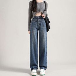 Jean américain à jambes droites pour femmes, nouveau design de poches patchwork, taille haute, jambes larges, pantalon de vadrouille, 2024