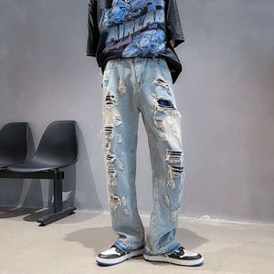 American Street Fashion Hiphop en détresse Jeans Men's Men's Trendy Pantalon droit des jambes pour hommes et femmes
