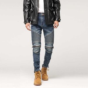 Amerikaanse straatmode mannen jeans retro blauw elastische slim gesplitste designer fietser rits decoratie hiphop denim broek