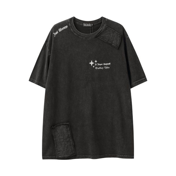 Camiseta de marca de moda con parche de moda de calle americana lavada desgastada Retro suelta personalidad cómoda de manga corta estampada