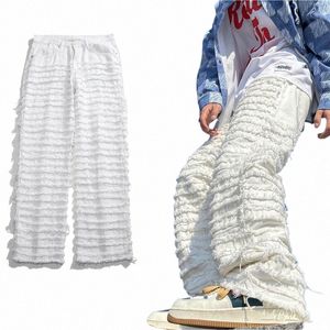 American Street Hip-Hop Heavy Industry Ripped Jeans pour hommes 2023 Spring Straight Loose Vibe Style Skateboard Pantalon évasé blanc K0rj #