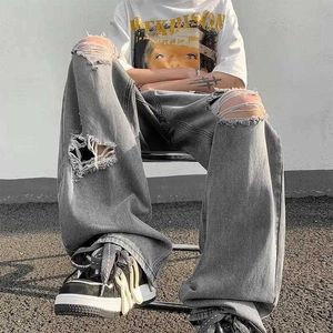 American Street Hiphop Gescheurde Jeans voor Heren Zomermodelabel Los gewassen oude grijze lange broek met wijde pijpen