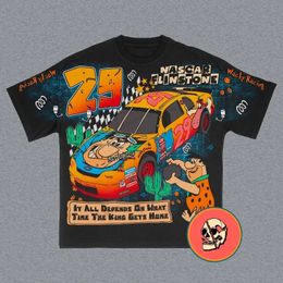 American Street Retro Personality Anime Cartoon Car Letter Gedrukt T-shirt Men Y2K Harajuku Fashion Casual Loose Shirt 240401