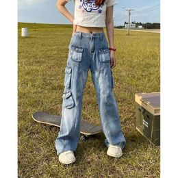 Jean multi-poches délavé pour femmes, style rétro American Street, industrie lourde, ample, danse, jambes larges, salopette de nettoyage, pantalon tendance