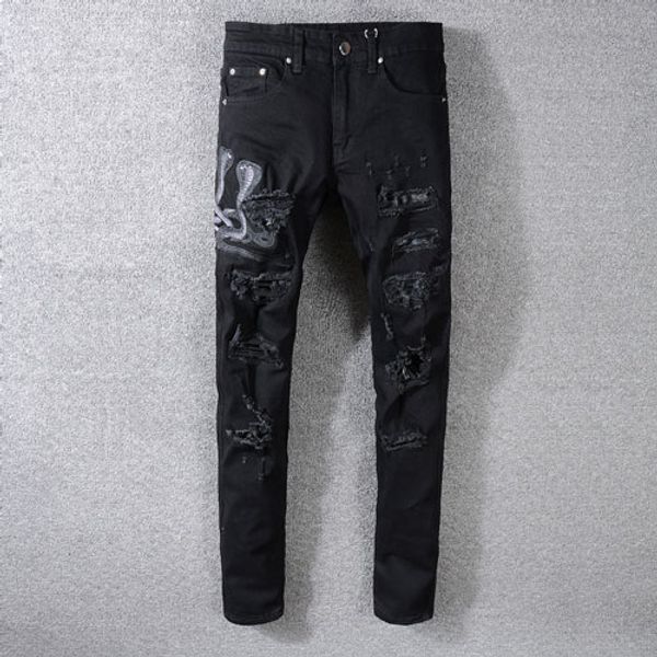 American Street Style Mode Hommes Jeans Slim Fit Serpent Broderie Punk Déchiré Designer Streetwear Hip Hop1