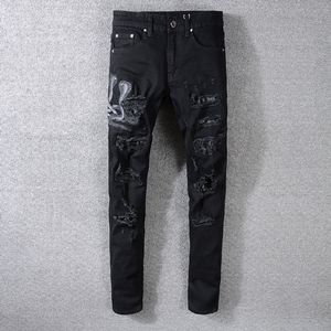 American Street Style Fashion Men's Jeans's Slim Fit Snake Embroidery Punk Ripped Designer Streetwear Hip Hop1
