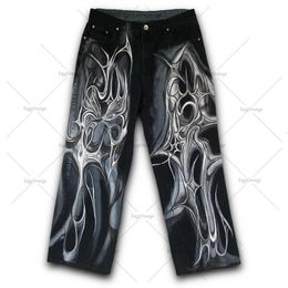 American Street Style rétro taille haute lavé droit pantalon large hommes Y2k Punk Rock ondulation imprimé jean surdimensionné femmes 240115