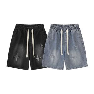 American Street Trend Washed et en détresse Coupte de conception étoile Shorts pour hommes et femmes pantalon polyvalent en ligne droite ajusté