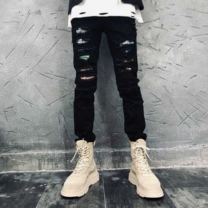 Amerikaanse streetwear mode mannen jeans zwarte elastische slim fit gescheurde denim potlood broek Homme patchwork designer hiphop broek