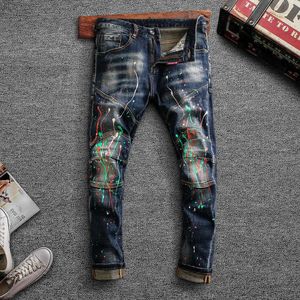Amerikaanse streetwear mode mannen jeans elastische slim fit retro donkerblauw geschilderd designer denim broek hoge kwaliteit fietser broek