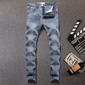 American Streetwear Hommes Jeans Bleu Couleur Slim Fit Casual Denim Pantalon Cheville Zipper Élastique Jeans Hommes Hip Hop Jeans Homme T200614