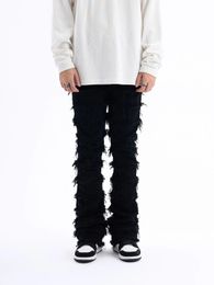 Erosión negra de estilo americano dañado jeans rugos de la calle para hombres ins-hop moda pantalones flacos vintage streetwear 240328